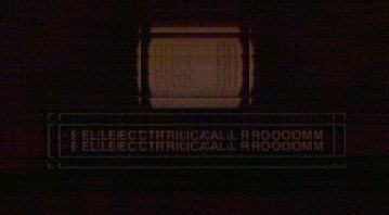 The image is duplicated into 4 closely-overlapping images. It shows a sign with golden lettering that's clearly supposed to read “Electrical Room” (in all-capitals) but many letters are duplicated, so it appears as 2 rows that each say “EElleecctrricicacall RRoooomm”. The sign's rectangular golden border is also doubled and disjointed. On the dark wooden background, above the sign is a rounded rectangular shape that looks like dim orange lamplight, also duplicated. The image is textured with artifacts from the camera's capture quality.